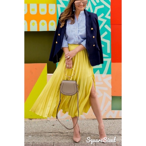 Pleated Chiffon Mustard Yellow Mid Calf Skirt - Picture 6 of 6